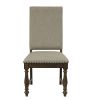 Traditional Classic Brown Dinng Chair Set of 2 Beige Fabric Upholstered Nailhead Trim Wooden Dining Room Furniture