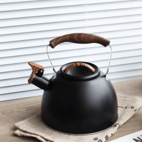 Black European-style kettle with gas stove whistle function. Boils water in 8-10 minutes with 0.35mm-thick body. 3.0L capacity compatible with in (PSHAB36A3LG: PSHAB36A3LB)