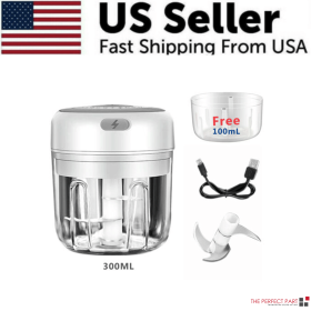 Electric 300ML Garlic Press Chopper Chili Onion Fruits Meat Mincer Blender Mixer (Model: White)